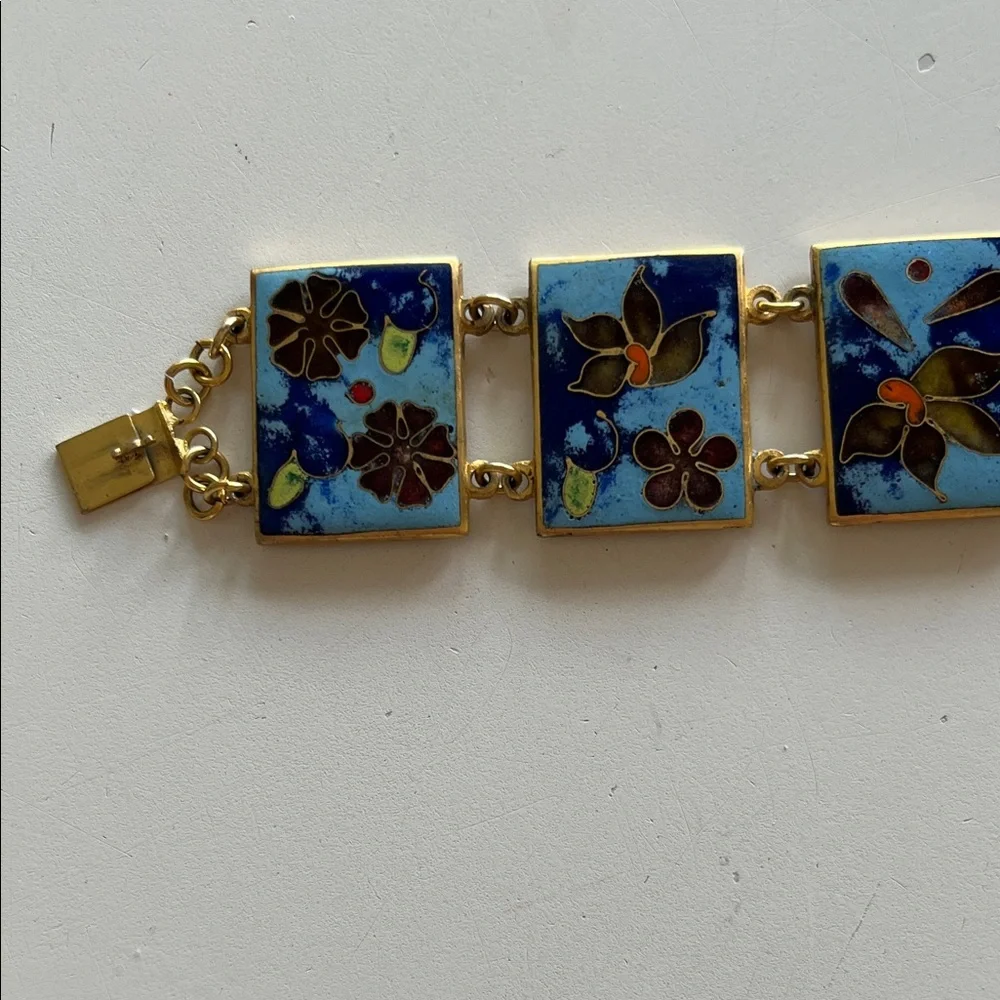 Vintage panel enamel cloisonné turquoise blue gold bracelet - Picture 15 of 17